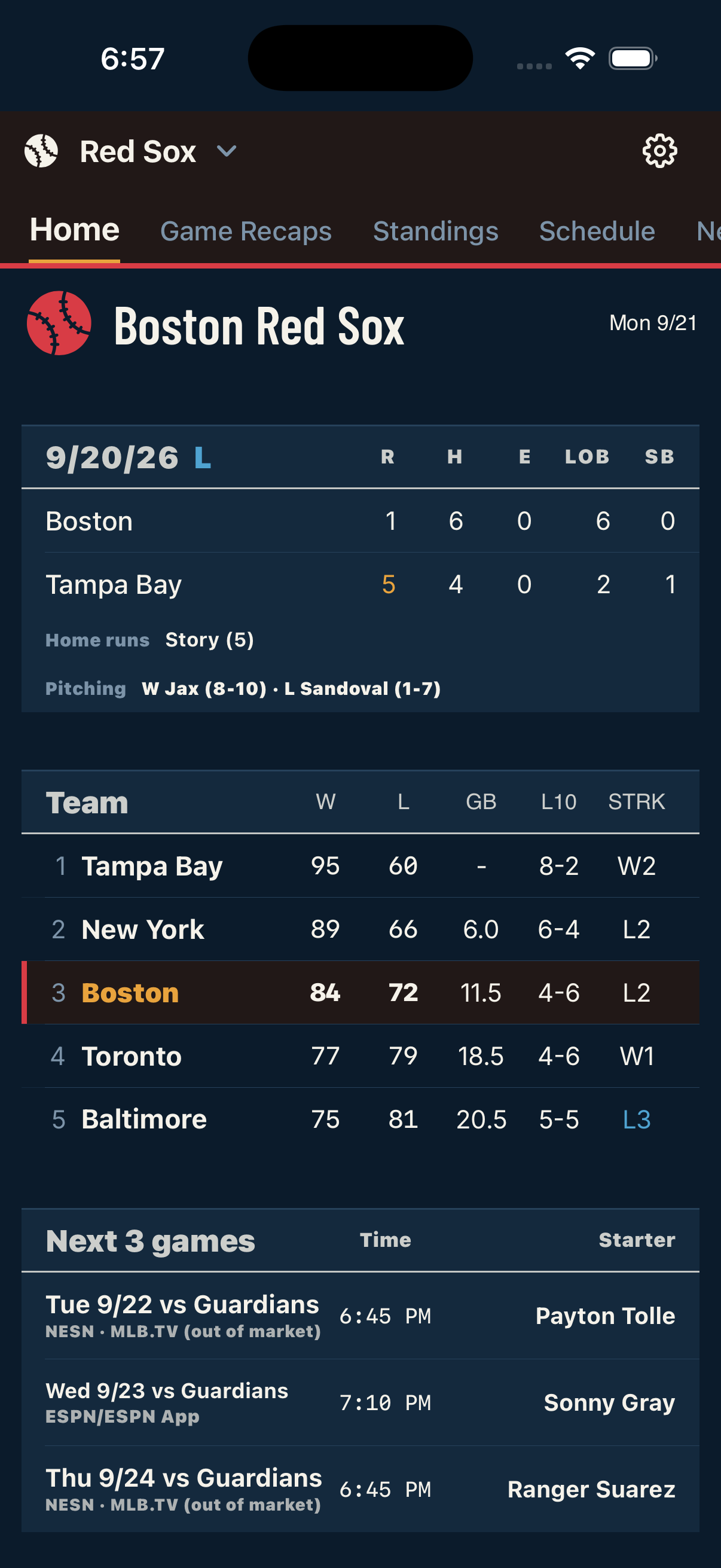 Hub Ball home screen showing Boston’s game recap, standings, and next three games